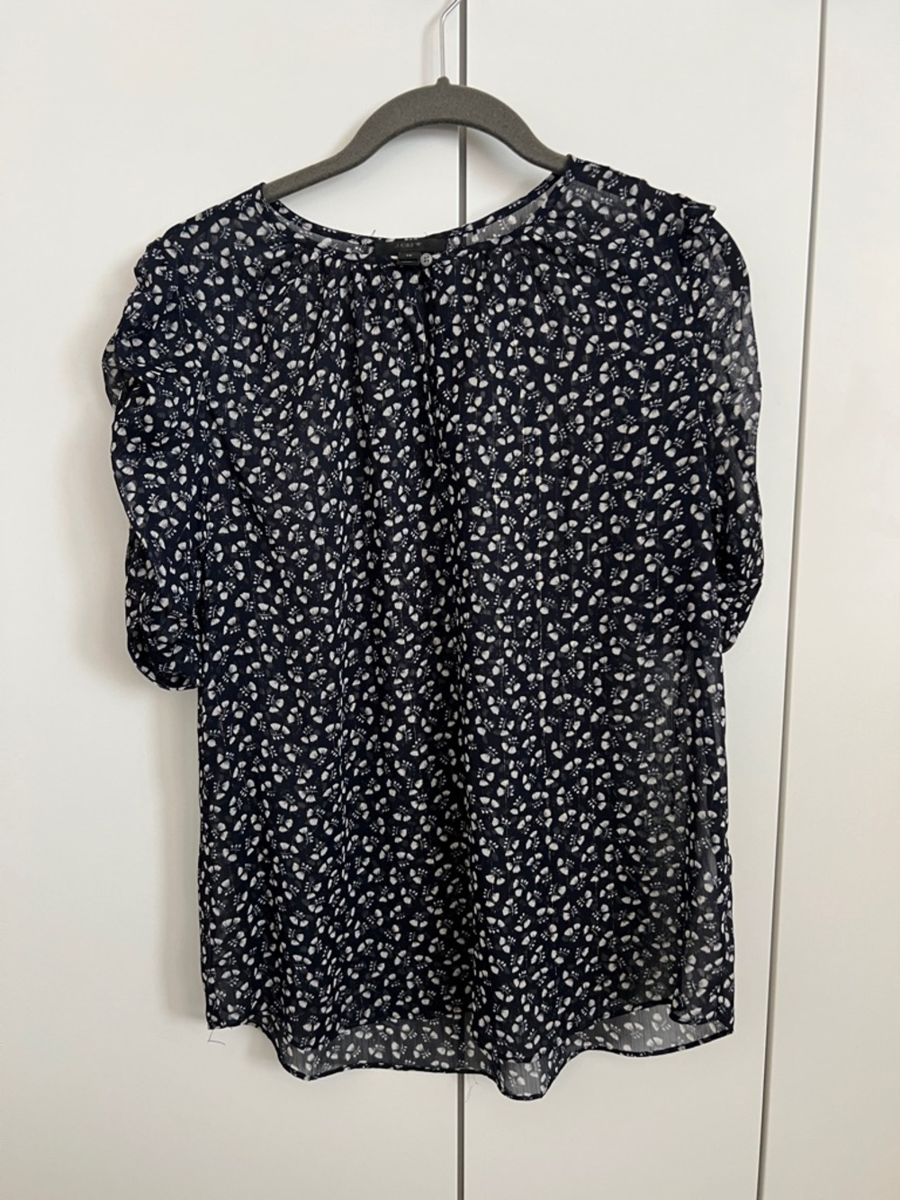 J. Crew Navy and White Floral Puff Sleeve Blouse